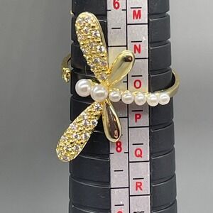 Gold Tone Dragonfly Bypass Ring Faux Pearl Pave Crystal Adjustable Size 7.5